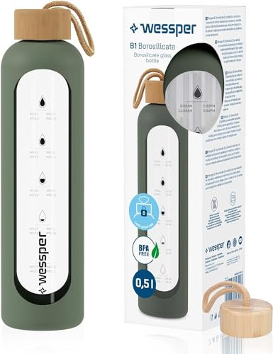 Wessper Borraccia in vetro da 500 ml, borraccia motivazionale con scala di idratazione, borraccia in vetro borosilicato con custodia in silicone, materiale sicuro senza BPA