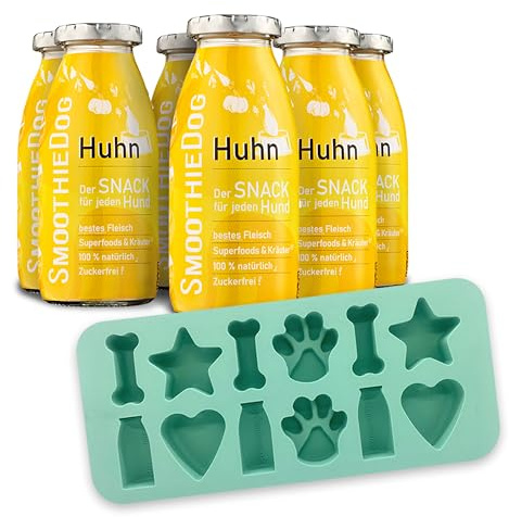 Hunde Smoothie SmoothieDog 6er Huhn + Eiswürfelform - Hundeis selber Machen - Leckerli für Hunde - Zucker- & glutenfrei - je 250ml