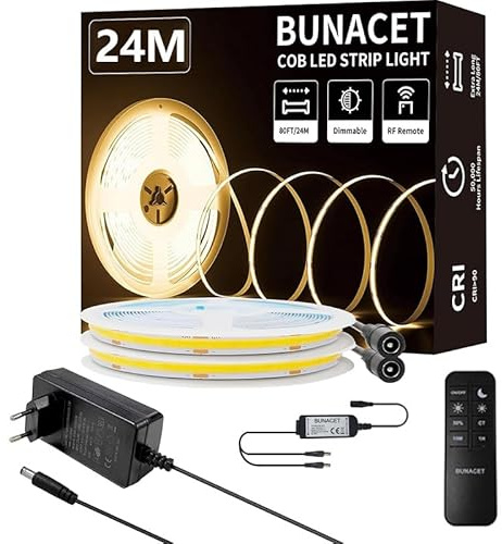 BUNACET Tira LED COB 24M 24V Blanca Cálida, Tira Luz LED Regulable 3000K Superbrillante, 324LED/m, CRI90 con Mando Distancia y Fuente Alimentación Luces de Cinta LED Flexible para Cocina (3000K, 24M)