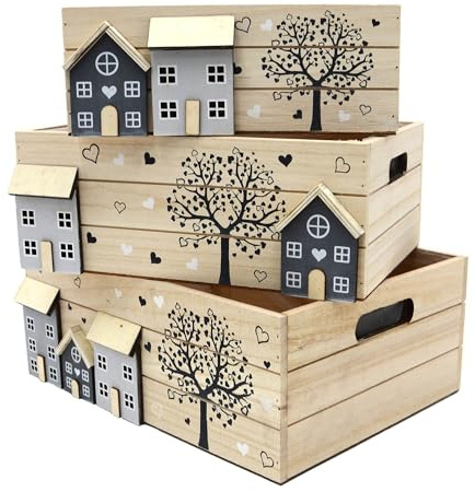 UNUS Holzkisten 3er Set, Holzdeko im Landhausstil, 26 x 16 x 10 cm | Aufbewahrungsbox Holz, Dekokisten als Geschenk, Dekoration für Balkon oder Innenbereich