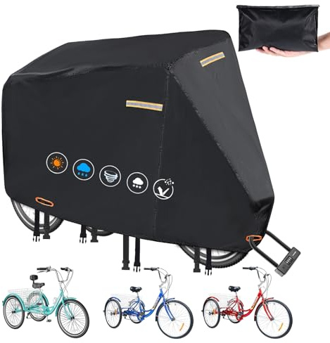 Tricycle Cover for Adult Bike,420D Heavy Duty Electric Trike Covers Waterproof Outdoor with 3 Wheel Lock Holes,Waterproof Strip,3 Windproof Buckles,Accessories Fit for Various 3 Wheel Bike Types