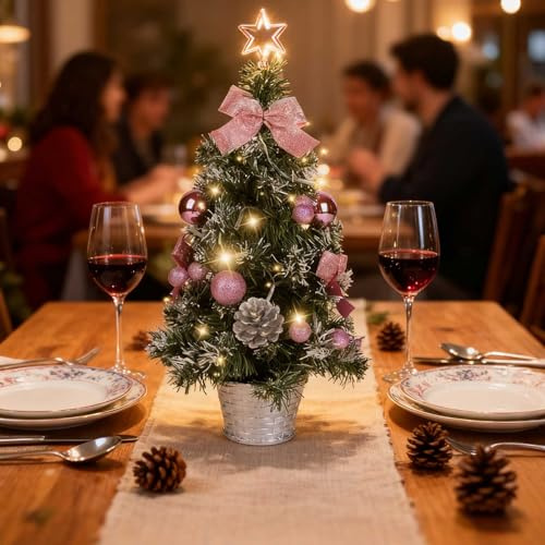 45CM Vordekorierter Künstlicher Mini Weihnachtsbaum Set mit LED Lichtern, Batteriebetrieben, Inkl. Stern, Kugeln, Schleifen, Tannenzapfen, Tischdeko für Zuhause, Büro