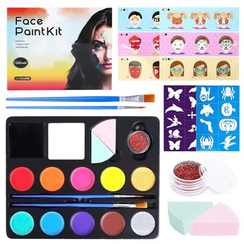Body and face paint Kit, Set di trucchi per bambini, 12 colori per il trucco, trucco per bambini, set da trucco con 18 stencil, Halloween, carnevale, compleanno, festa, trucco per bambini