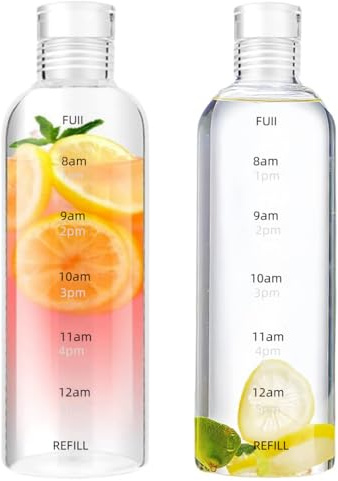 MEETOZ 2 Pcs 16oz/500ml Glass Drinking Bottles with Time Marker, Clear Borosilicate Glass, Suitable for Office, Gym, Outdoors, Drinks, Smoothies, Coffee, Tea