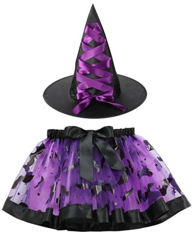 NebulaGlam Halloween Kinder Hexenkleid mit Hexenhut, Kinder Tutu Hexenkostüm, Cosplay Hexe Kinder Mädchen für Halloween Party Maskerade Karneval (Lila)