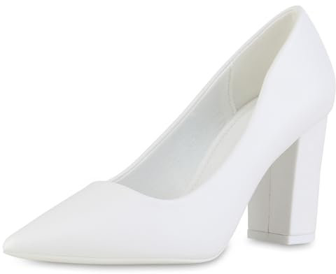 VAN HILL Damen Spitze Pumps Blockabsatz Basic Klassisch Schuhe 216231 Weiss 39