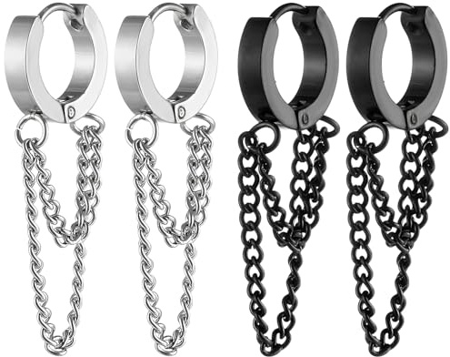 Kawailay 2 Pairs Stainless Steel Chain Huggie Hoop Earrings Long Chain Hinged Earrings Gothic Long Chain Earrings Rock Hip Hop Punk Chain Dangle Earrings for Men Women - Silver and Black