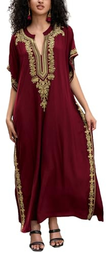 L-Peach - Kaftan turco ricamato con spacco laterale, ampio, camicia da notte, kaftan da spiaggia, abiti da bagno, bikini, costumi da bagno, copricostumi, E Red, Taglia unica