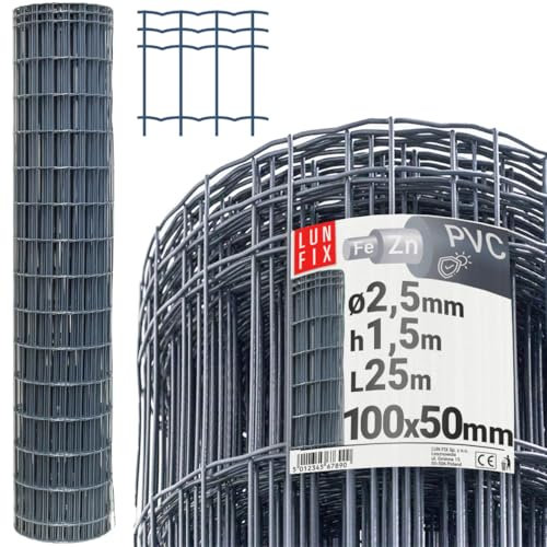 Maschendrahtzaun - verzinkter Stahl Anthrazit PVC-beschichtet, 10 x 5 cm, Ø 2.5 mm, 1.5 m x 25 m, Gartenzaun Hundezaun Wildzaun Hühnerzaun Drahtgitter Zaun Schweißgitter, Lun Fix