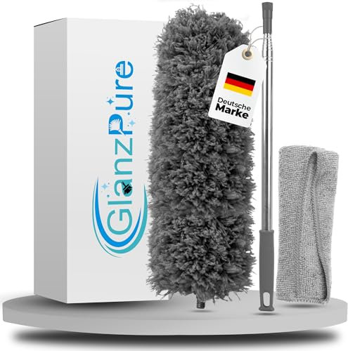 GlanzPure Staubwedel Teleskop-lang ausziehbar bis 2,5m und waschbar,biegbarer und kratzfreier Staubwischer mit Teleskopstange,Spinnenwebenentferner für hohe Decken,Mikrofasern Staubmagnet