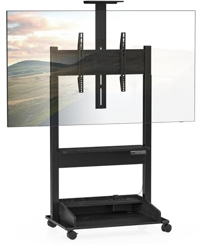 DQ WALL-SUPPORT Zelos mobiler elektrischer TV Ständer, rollbar, Höhe 160cm Mitte VESA max 600x400cm 37-86 Zoll 70 kg, Steckerleiste USB Anschluss schwarz