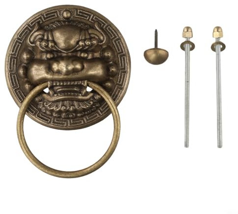 babominimer Aldaba de puerta de latón vintage de 100 mm, diseño de cabeza de bestia, acabado de bronce antiguo, manija de anillo de puerta de patio, estilo tradicional chino, fácil instalación