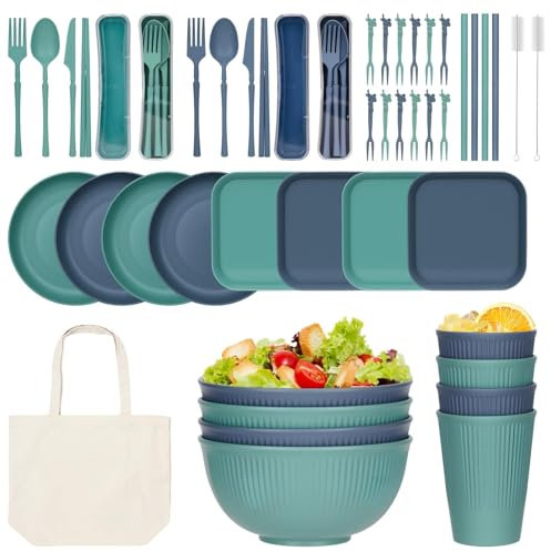 WUSUPU 55 Pezzi Set di Stoviglie da Campeggio,Stoviglie da Picnic di Stoviglie con Piatto Ciotola Cucchiaio Forchetta Coltello per 4 Persone, Per Pasti In Famiglia Picnic E Campeggio