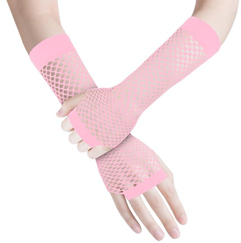 ztowoto 2 par näthandskar fingerlösa, fashionabla fisknätshandskar, stretchiga mesh fingerlösa näthandskar för 80-talet fest cosplay kostymtillbehör, ROSA, Lang