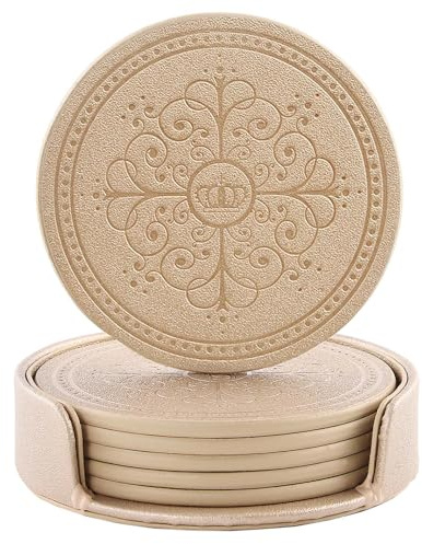 ABCHCHS Coasters Set of 6 - PU Leather Coasters for Drinks with Holder - Gold Handmade Round Drink Set for Home Decor and Housewarming Gift