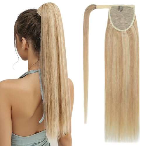 SEGOHAIR Pferdeschwanz Haarteil Echthaar Extensions Zopf 35cm Clip in Extensions Echthaar Lang Glatt Echte Haare Extensions Echthaar Remy Dunkelblond gemischt mit Bleichblond-80g