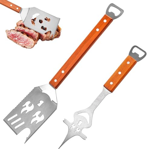 8 en 1 Ustensiles Barbecue Set, Spatule pour Barbecue de 42 cm et Fourchette de 33 cm, Manche en Acier Inoxydable et en Bois avec Décapsuleur, pour la Maison, Le Camping et Les Pique-Niques