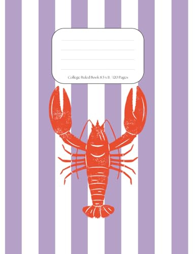 Lobster Notebook – Lilac and White Stripe Cover, 8.5” x 11”, 120 Pages, College Ruled – Coastal Nautical Journal for School, Work, or Summer Notes