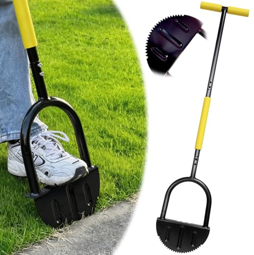 Lawn Edger 107cm,Lawn Edging Tool with Spring Steel Blade,Garden Rustproof Half Moon Wide Foot Platform for Grass,Saw-Tooth T-Grip Handled Tools Manual Edging Tool for Easy Lawn Edging