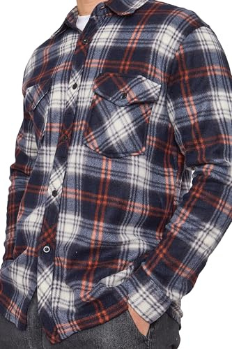 Men’s Checked Fleece Shirt – Soft Warm Plaid Pattern Button-Up with Chest Pockets, Winter Casual Top Authentics Long Sleeve Flannel Style Jacket Thicken Sherpa Lined (Navy/Orange X-Large)