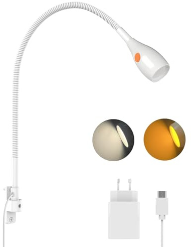 acegoo LED Leselampe Bett Vollmetall, Dimmbar Schwanenhals Lampe 3000K/Bernstein, Wandmontage Weiß mit Schalter Flexible, praktischer Schalter am Lampenkopf für Buch Schlafzimmer (1 pack)