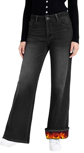 LaiEr Jeans de Pierna Ancha con Forro de Felpa para Mujer Jeans Vaqueros Térmicos de Alto Talle con Cremallera y Botón,Alta Elasticidad,Pantalones de Denim Calientes para Invierno(Gris Oscuro XL)