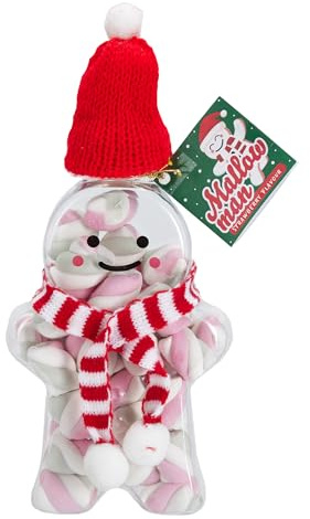 Mallow Man gefüllt mit 80g Erdbeer-Marshmallows, Schaumzucker, glutenfrei | Süße Überraschung mit Erdbeergeschmack im Winter für Nikolaus, Advent und Weihnachten - Weihnachtsdeko mit Schaumzuckerrollen