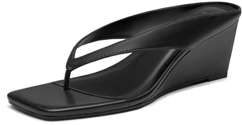 Athlefit Women's Low Wedge Sandals Trendy Dressy Square Open Toe Summer Beach Flip Flops Thong Heeled Sandals, Black, Size 7, SAPS2613W