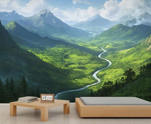 Landschafts-Wandtapete, grüne Berge, Wandbild, Naturtapete für Wohnzimmer, Schlafzimmer, TV-Hintergrund, Bürodekoration, 350 x 256 cm
