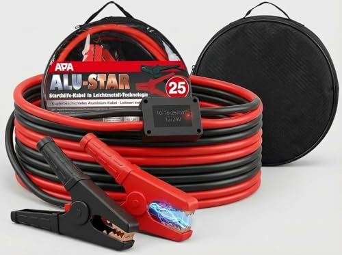 APA ALU-Star Starthilfekabel 25mm² – 3,5m Überbrückungskabel 12/24V – für Benzin & Diesel – Kupferbeschichtetes Aluminium-Kabel – Vollisolierte Polzangen – inkl. Tasche – DIN 72553