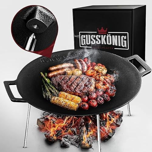 GUSSKÖNIG Plancha de hierro fundido (42 cm de diámetro) con 3 patas de acero inoxidable – Plancha de hierro fundido redonda – Placa de parrilla de tres patas – Brasero – 30 años de garantía