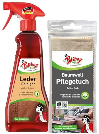 POLIBOY Leder Reiniger - Lederpflegemittel zur Reinigung von Glattleder & Rauleder - Ohne Nachspülen - 1x 375 ml - Mit Baumwolltuch - Made in Germany