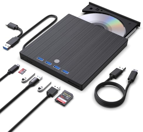 JKNJX External CD DVD Drive,9 in 1 USB 3.0 and Type-C CD Burner Player Writer with 4 USB Ports and 2 TF/SD Card Slots,Ultra Slim Optical Disk Driver for Laptop Mac PC Windows Linux OS
