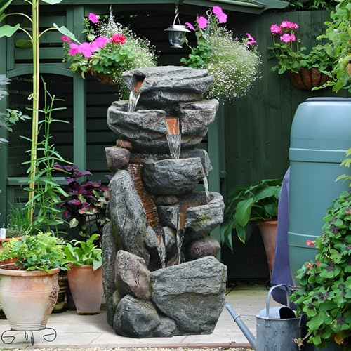 Bumilgar 5-Tiered Rock Water Feature Outdoor&Indoor, 80cm H Floor-Standing Garden Fountains, Stone Feature and Waterfall with Lights for Patio, Backyard, Deck, Porch, Home DéCor, Gray