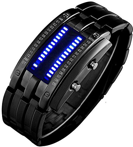 Mens Creative Binary Digital Watches Unique Matrix LED Watch Futuristic Cool Stainless Steel Wrist Watch, Black, Fashion watch