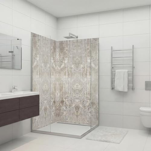 Dedeco 2 Panneaux Muraux de Douche d’Angle 90 x 200 cm, bois V2, Revêtement Mural Étanche Salle de Bain, Aluminium Composite 3 mm, Alternative au Carrelage