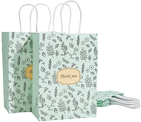 PandaHall 10 Pack Danke Geschenkbeutel Mit Griffen, 5.9 x 8.2 x 3.9 kleine Party-Gunst-Taschen Grüne Kraft-Papiertüten Für Abschluss-Babyparty-Geburtstag, Tee-Party, Geschenk, Hochzeit