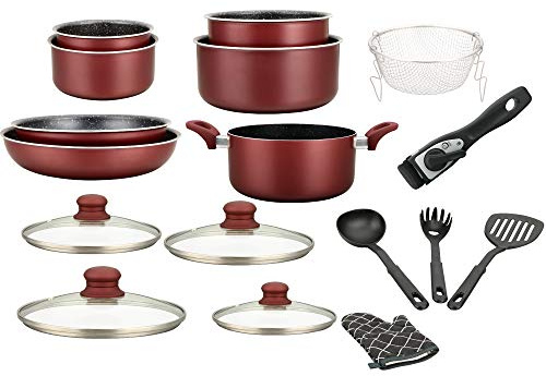 Herzberg Batterie de Cuisine 17 Éléments Aluminium Forgé HG8055, Bordeaux | revêtement marbre antiadhésif, poignée amovible, gant inclus, compatible tous feux dont induction