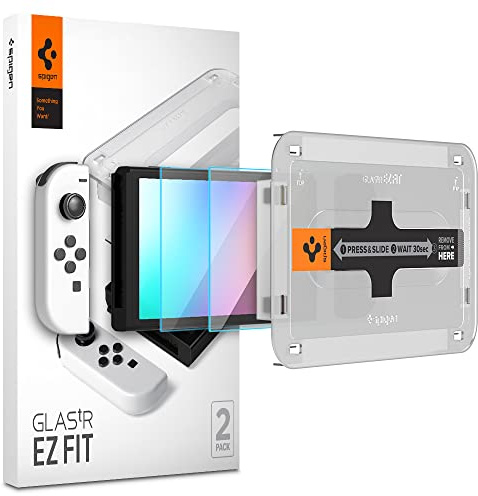 Spigen Glas.tR EZ Fit Schutzfolie kompatibel mit Nintendo Switch OLED 2021, 2 Stück, Schablone für Installation, Kristallklar, Kratzfest, 9H Härte Folie