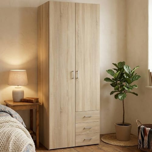 Dmora - Kleiderschrank 2 T?ren Emilie, Schlafzimmerm?bel, Schrank, Garderobe, 78x50 h200 cm, Eiche