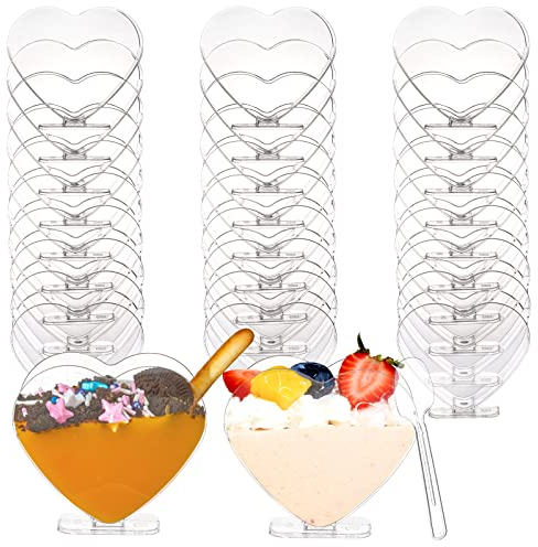 Coloch 100 Pack Plastic Mini Dessert Cup with Spoon for 4 oz Dessert/2.7 oz Liquid, Clear Parfait Appetizer Cup Heart-Shaped Small Serving Bowl for Party, Buffet, Valentine's Day, Wedding