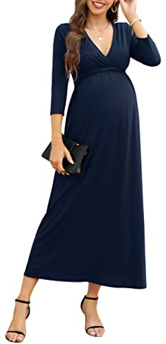 KOJOOIN Abito Premaman da Donna Abito da Allattamento Abito da Gravidanza con Scollo a V Casual con Maniche 3/4 Blu Scuro L