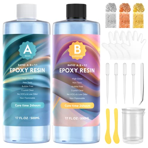 Wwtop Epoxidharz Mit Härter 1000ml, Glasklar Gießharz Set 1:1 Verhältnis, Mit Handschuh, Messbecher, Pipetten - Für DIY Holz Schmuck Handwerk Dekoration