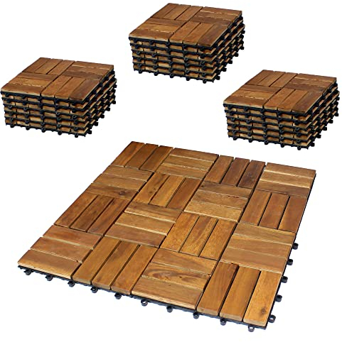 BigDean 33er Pack Holzfliesen für Balkon 30x30 cm - 3 Quadratmeter - aus Akazien-Holz - Bodenbelag Holzboden Klicksystem Balkonfliesen Klickfliesen