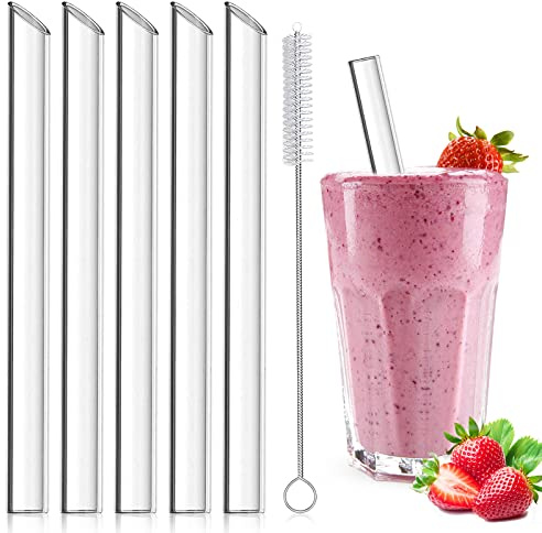 5pcs Clear Glass Boba Straws, 14mm Wide - Smoothie & Bubble Tea Straws with Cleaning Brush