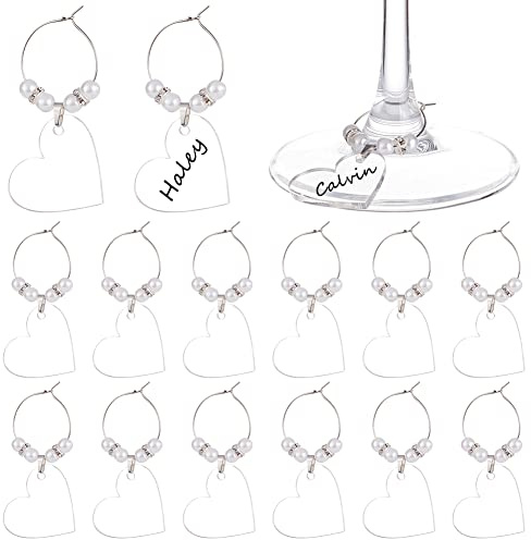 BENECREAT 20pcs White Clear Wine Glass Name Charms, Acrylic Wine Glass Charms with Brass Wine Glass Charms for Valentine's Day Glass Identification and Wine Glass Decoration