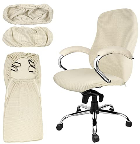 Tatuo 3 Pcs Computer Office Chair Cover Universal Rotating Chair Slipcovers Protector Removable Washable Office Armrest Covers with Zipper for High Back Seat Backrest(L,Waffle,Faint Yellow)