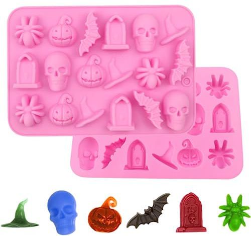 2 Stück Halloween-Schokoladenformen aus Silikon, Fondantform mit Spinne, Fledermaus, Grabstein, Totenkopf, Kürbiskopf, Hexenhut, Süßigkeiten, Keksen, DIY-Backform für Halloween-Party