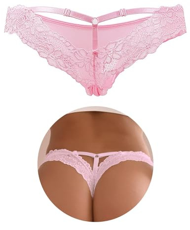 comeondear String Femme Sexy Chic Hot Grande Taille Tanga Dentelle Culotte Doublure en Coton Respirante Slips Bresilien Taille Basse Stretch sous-vêtements Feminins Shorty Thong Lot de 1 Rose,L