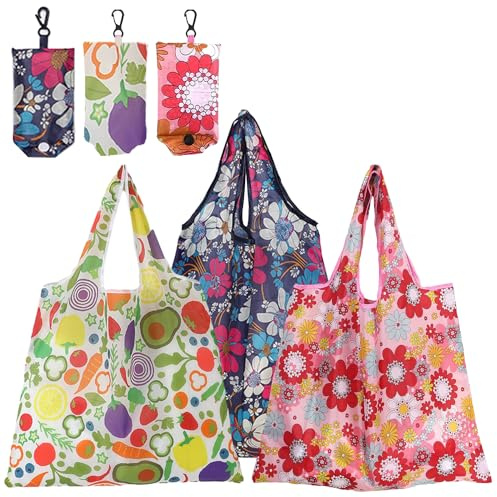 Ormromra 3PCS Foldable Shopping Tote Bag with Handle Reusable Grocery Bag, Eco Tote Shopping Bag for Daily Shopping Groceries Travel Storage (37x51cm)